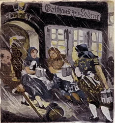 Personnages sur la terrasse de la brasserie Max Feldbauer sous la neige, Munich, Allemagne. Gravure de 1905. Paris, Arts décoratifs