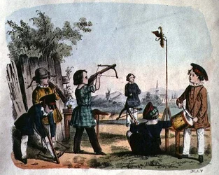 Enfants tirant sur une cible avec une arquebuse, vers 1860