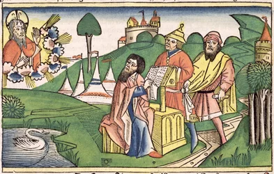Deutéronome : Frontispice où Dieu fait les Lois, de la Bible de Nuremberg (Biblia Sacra Germanaica)