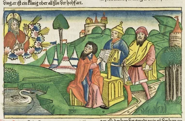 Deutéronome : Frontispice où Dieu fait les Lois, de la Bible de Nuremberg (Biblia Sacra Germanaica)