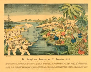 Soulèvement de Douala au Cameroun allemand, avec le SMS Olga en arrière-plan, 20 décembre 1884