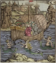 Énéide de Virgile (70 av. J.-C.-19 av. J.-C.), les héros troyens Énée et ses compagnons traversent une mer pleine de sirènes. Xylographie de Sebastian Brant (1458-1521). Strasbourg