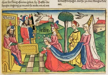 Esther 2:15-18 Esther est choisie pour être reine par le roi perse Assuérus, de la Bible de Nuremberg (Biblia Sacra Germanaica)