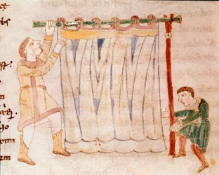 Travail du tissu (Miniature tirée du manuscrit « De Universo » ou « De rerum naturis » de Rabanus Maurus Magnentius, 9ème siècle)