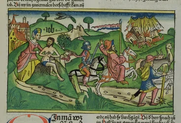 Fac-similé de Job : Frontispice, Job réprimandé par sa femme, sa maison et sa famille détruites par un ouragan et son bétail volé, de la Bible de Nuremberg (Biblia Sacra Germanaica)