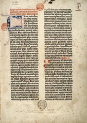 Première page de la Bible en latin (vulgate) de Gutenberg préparée à Mayence 1452 - 1454. Le début de l