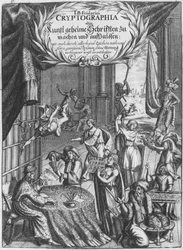 Frontispice, illustration de Cryptographia, oder geheime Schrifften par Johann Balthasar Friderici, gravé par Johan Friedlein publiée à Hambourg, 1685