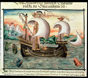 Galion en pleine voile en route vers le Portugal, illustré par la famille Coler (ou Keller) de Nuremberg