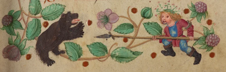 Chasseur couronné à pied transperçant un ours, c. 1475-1485