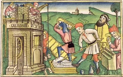 Genèse 11:1-9 Construction de la Tour de Babel, de la Bible de Nuremberg (Biblia Sacra Germanaica)