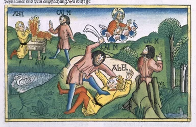 Genèse 4:8 Caïn assassine Abel, tiré de la « Bible de Nuremberg (Biblia Sacra Germanaica) »