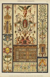 Renaissance allemande, peinture de plafond et murale, mosaïque de bois et broderie