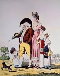 Bourgeois allemand en promenade dominicale. Caricature représentant une famille allemande en tenue du dimanche. Gravure du XIXe siècle. Berlin. Kunstbibliothek
