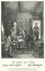 Le philosophe et dramaturge allemand discutant de religion avec Moses Mendelssohn et Johann Kaspar Lavater (gravure)