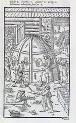 Travail du verre, illustration montrant le four à marbre et les souffleurs de verre