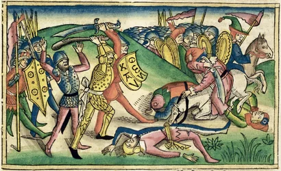 1 Rois 15:16 Guerre entre Asa et Baasha, de la Bible de Nuremberg (Biblia Sacra Germanaica)