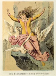 Illustration des contes de Franz Hoffmann « Contes et Fables - Von Schmerzenreich und Goldlöckchen » : une femme entourée de trois oiseaux. Chromolithographie du XIXe siècle.