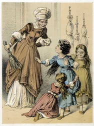 Illustration des contes de Franz Hoffmann Tales et Fables - Les 3 Cadeaux : une femme a abusé des 3 filles. Chromolithographie du XIXe siècle