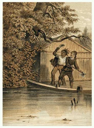Illustration de la conquête du fleuve Amazone par les Européens. dans « De Bootslieden der Amazon-River », Karl Muller, Pays-Bas