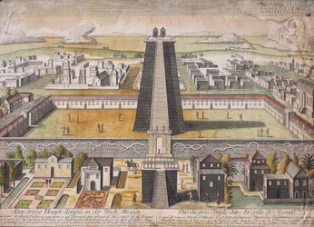 Reconstruction imaginaire du temple principal (Templo Mayor) à Mexico