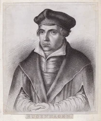 Johannes Bugenhagen, prêtre et théologien allemand qui introduit la Réforme protestante en Poméranie et au Danemark (gravure)