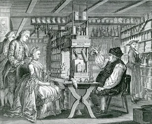 La Pharmacie Rustique, gravure de Bartolomaus Hubner (1727-1795), 1774