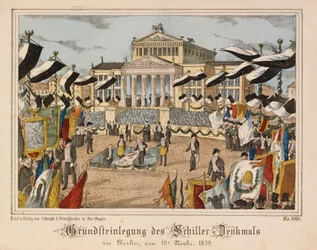 Pose de la première pierre du monument Schiller au Gendarmenmarkt, Berlin, 10 novembre 1859, avec le Schauspielhaus en arrière-plan, de Neuruppiner Bilderbogen, publié par Oehmigle & Ri