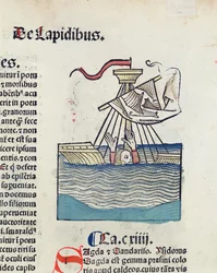 Homme descendant dans un bateau naufragé, illustration de Hortus Sanitatis, 1491 (gravure sur bois en couleur)