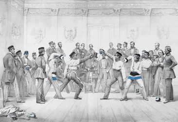 Mensuren ou membres étudiants de la société de duel de Dresde dans leur uniforme bleu, blanc et noir
