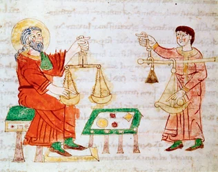 Marchands utilisant des balances pour peser et marchander. Miniature tirée du manuscrit « De Universo » ou « De rerum naturis » (De la nature des choses) de Rabanus Maurus Magnentius (ou Raban Maur ou Rabano Mauro, vers 780-856). IXe siècle. Archives de Mo