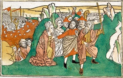Moïse dans la mer Rouge, scène de la Bible de Nuremberg, écrite en allemand