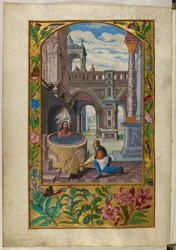Ms Harley 3469, f.21v Homme se baignant dans une cour, la Septième Parabole, de 