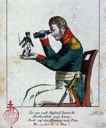 Napoléon Ier : la campagne de Russie. Chez toi, en Russie, tu es arrivé terriblement grand, mais sur le chemin du retour à Paris, comme tu étais (devenu) petit ! (En plus, ça rime !!!) Bise. Caricature allemande du XIXe siècle
