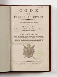 Code de procédure civile napoléonien pour les départements français de la rive gauche du Rhin, ouvert à la page de titre, Cologne, 1809