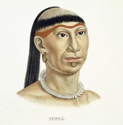Homme natif de la tribu Yupua, avec cheveux épilés et rasés et un collier fait de dents d