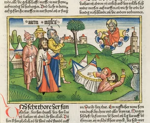 Nombres 16:32 La Terre engloutit les rebelles Dathan et Abiram, de la Bible de Nuremberg (Biblia Sacra Germanaica)
