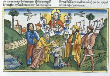 Nombres 27:18-23 Moïse pose sa main sur Josué, de la Bible de Nuremberg (Biblia Sacra Germanaica)