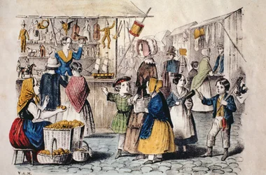 Marché en plein air en Allemagne, vers 1860 (gravure en couleur)