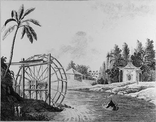 Roue à eau ornementale avec pavillon chinois et bateau à voile, de 