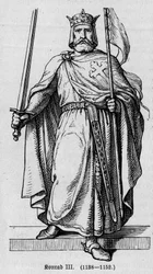 Portrait de Conrad III de Hohenstaufen, empereur romain germanique. Gravure dans « Kaiser, König und Papst » par Richard Roth