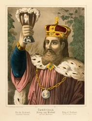 Portrait de Gambrinus, roi légendaire de Flandre, feuille illustrée publiée par F.C. Wentzel, Weissenburg, 1870