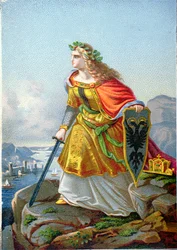 Carte postale représentant Germania et le Rhin, c.1860