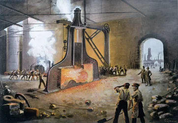 Marteau-pilon inventé par James Nasmyth en Allemagne en 1842, gravé par E. Zimmer, de Le XIXème siècle par Hans Kraemer, vers 1900 (gravure en couleur)