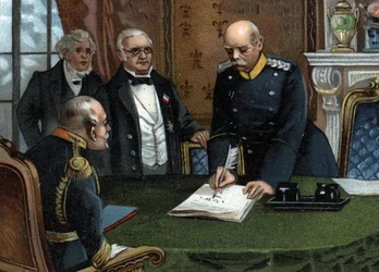Traité de paix préliminaire du 26 février 1871 signé à Versailles, fin de la guerre franco-prussienne entre le chef du pouvoir exécutif de la République, M. Adolphe Thiers, et le ministre des Affaires étrangères, M. Jules Favre, représentants de la France,