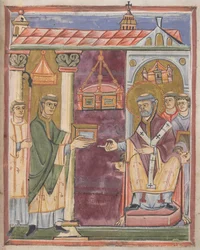 Prêtre présentant un livre [à Saint Augustin ?]