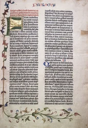 Folio de prologue avec lettre dorée et verte "F", et bordure de feuilles, fleurs, vignes et oiseau, 1455