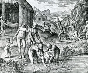 Quibus remediis contra morbos utantur Indiani, illustration tirée de "Pars Decima Americae" publié par Hieronymous Galler