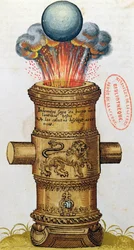 Canon surélevé tirant un boulet de canon, de L