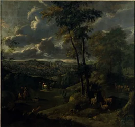 Cavalier dans un paysage avec une ville