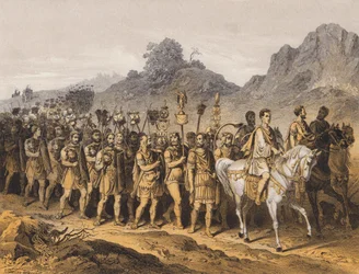 Soldats romains en marche (lithographie couleur)